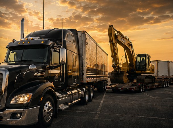 A black semi truck with a trailer parked in a lighted lot at sunset, beside an excavator loaded on a flatbed trailer.